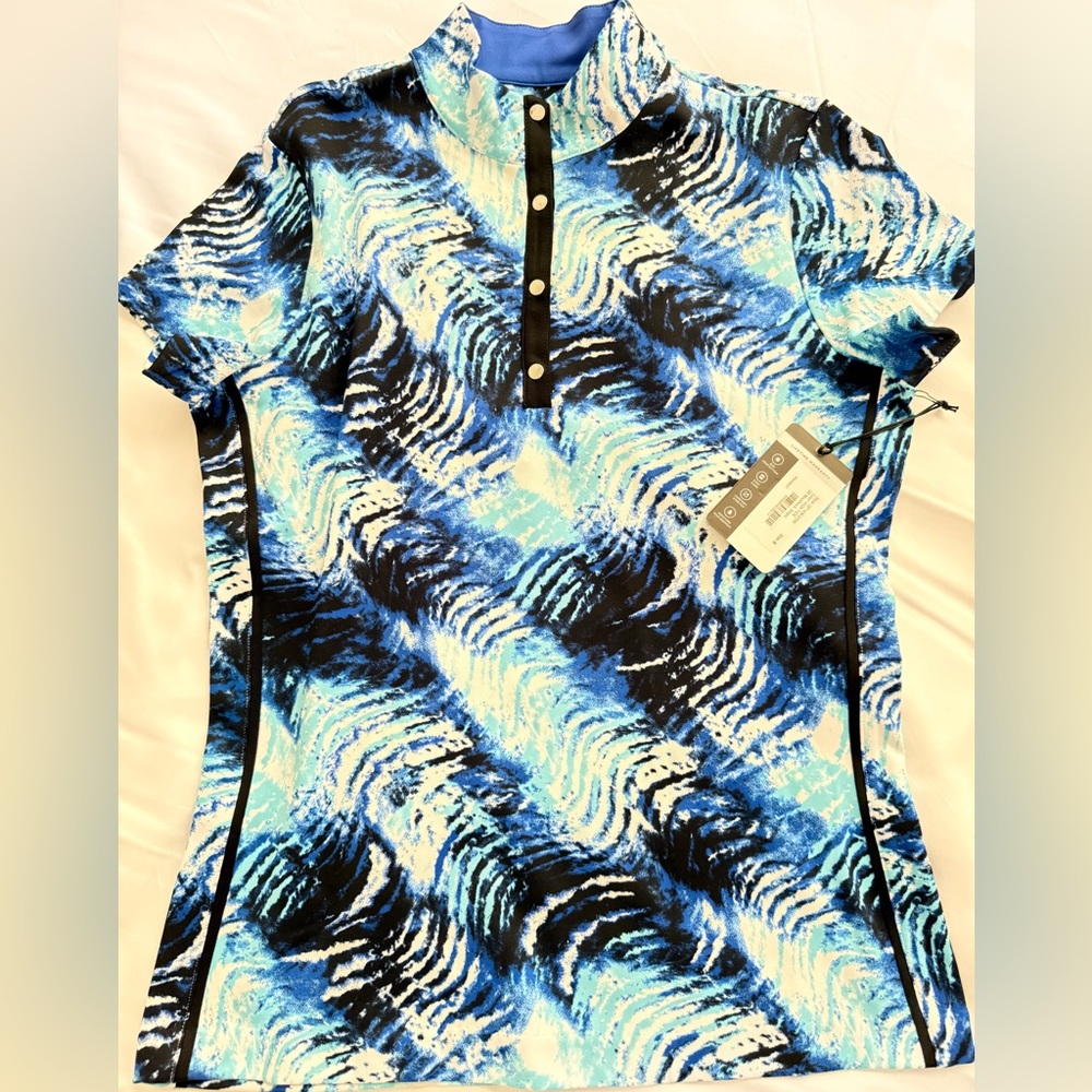 TAIL Mock Neck Short Sleeve GOLF Shirt Blue and Black Button-Up Placket  size S